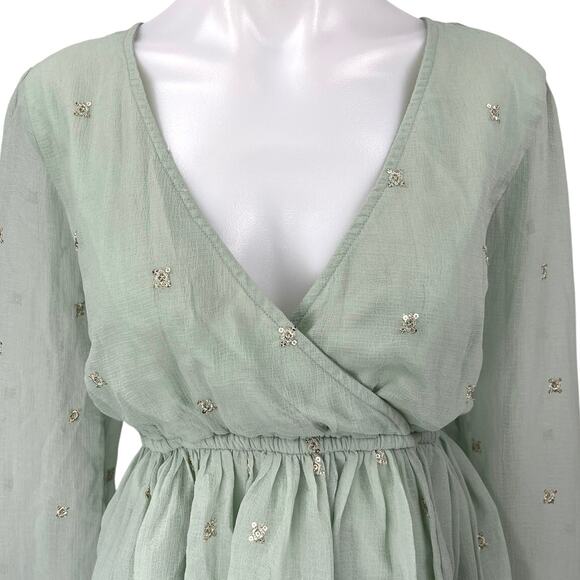 Lulus Green Long Sleeve Embellished Faux Wrap V Neck Peplum Blouse Top Size M - Picture 3 of 5